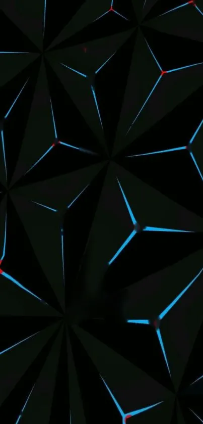 Geometric pattern with neon blue lines on a black background.