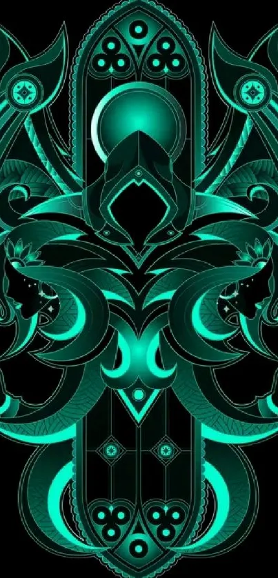 Intricate geometric abstract neon design in teal hues as a mobile wallpaper.