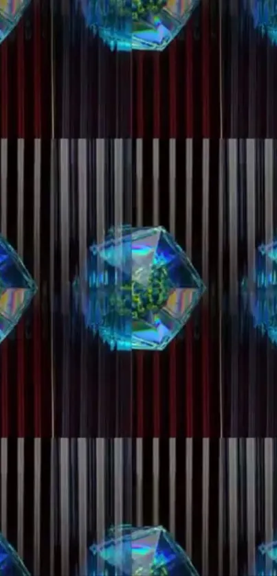 Geometric pattern with neon crystal shapes in blue and black hues.