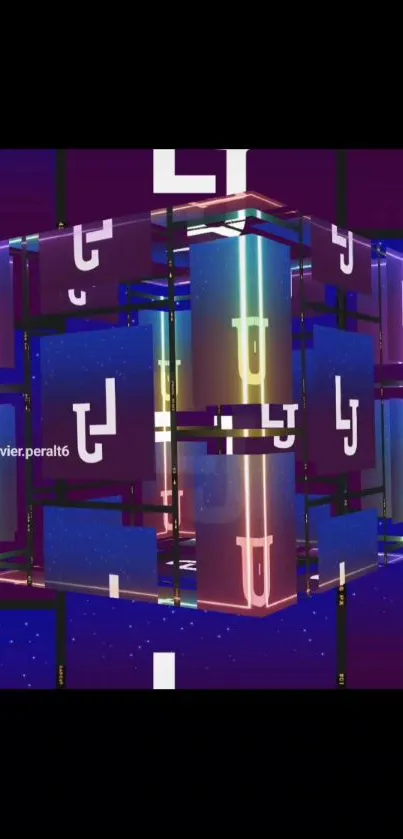 Futuristic neon cube design with vibrant colors and geometric patterns.