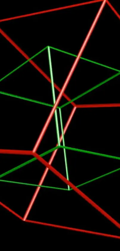 Geometric neon cube with red and green lines on black background.