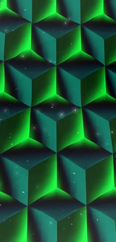 Geometric neon cube wallpaper with a green glow and 3D design.