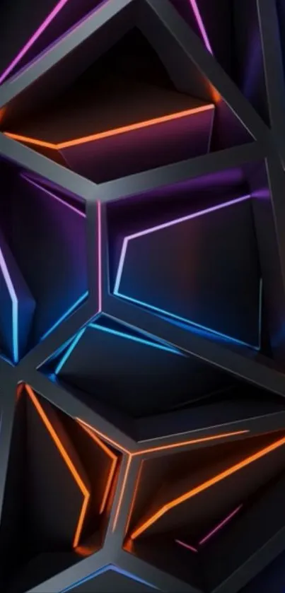 Geometric pattern with neon lights in blue, orange, and purple hues.
