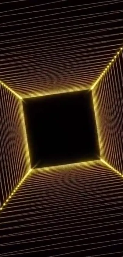 Geometric neon gold lines forming a tunnel on black background.