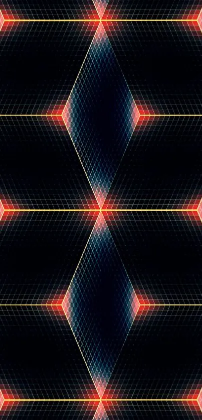 Intricate geometric neon grid wallpaper with vibrant patterns and dark blue hue.