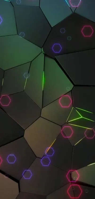 Dark geometric wallpaper with neon hexagons.