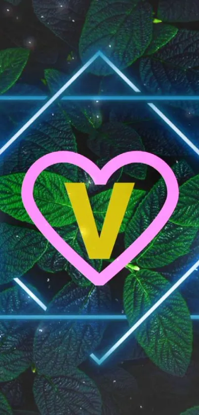 Mobile wallpaper with neon heart and green leaves design.