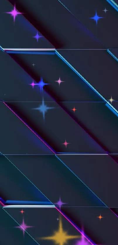 Geometric neon mobile wallpaper with 3D tile design and vibrant blue and purple hues.