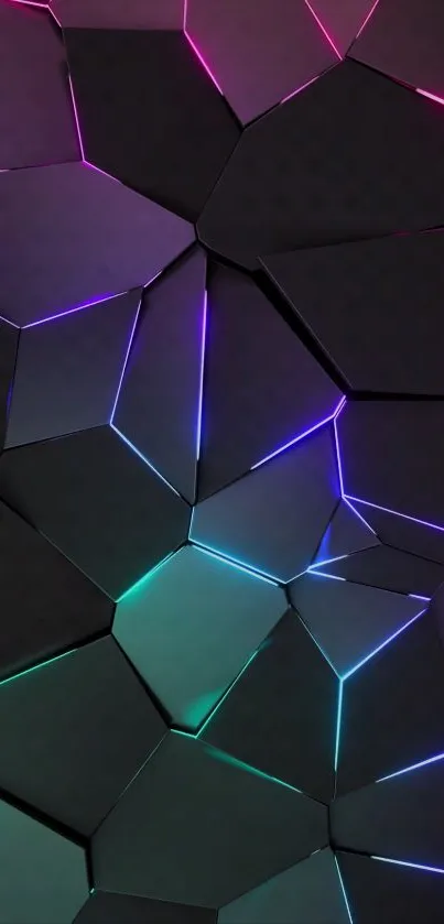 Geometric wallpaper with neon lines on dark polygonal shapes.