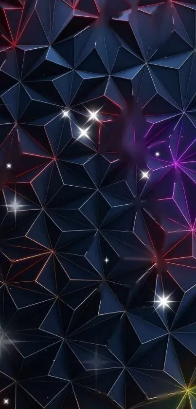 Geometric neon mobile wallpaper with vibrant colorful patterns on a dark background.