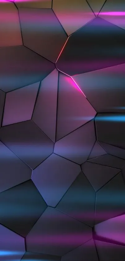 Geometric neon wallpaper with vibrant polygonal patterns and dark purple hues.