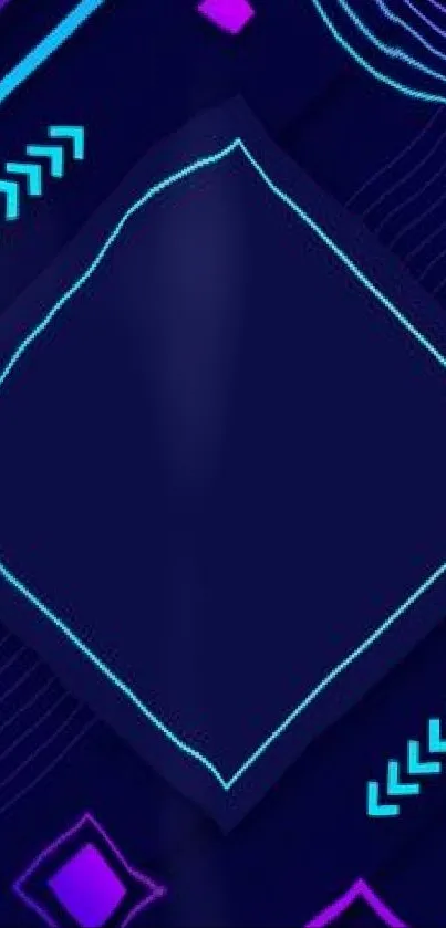 Vibrant geometric neon wallpaper with blue and purple shapes.