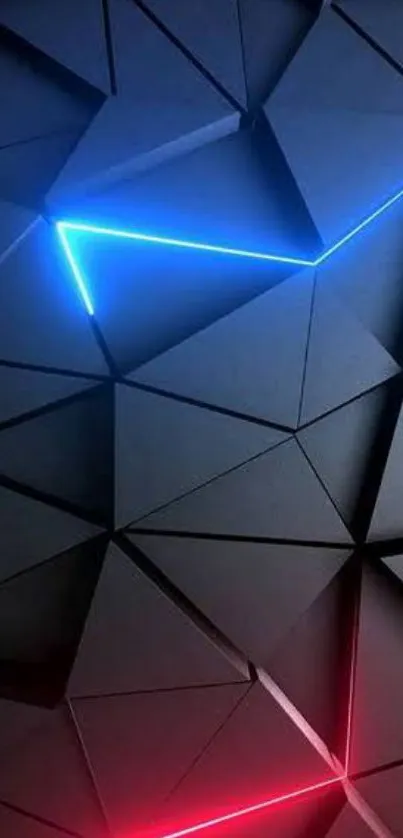 Geometric dark wallpaper with neon blue and red lines.