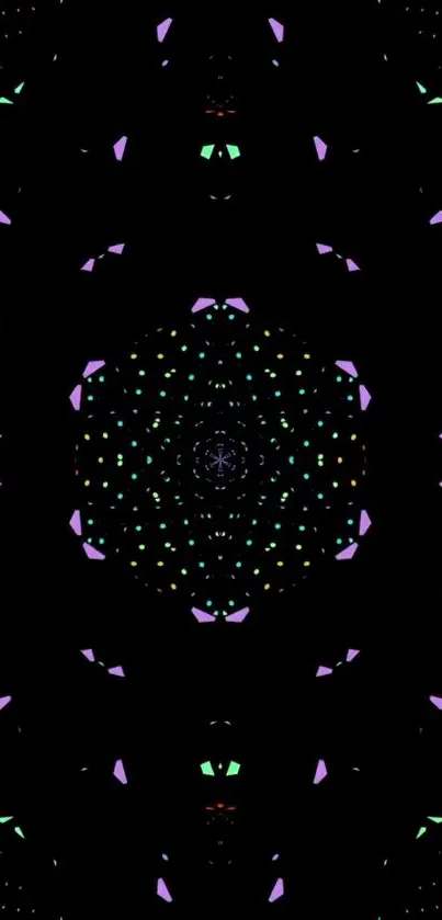 Vibrant geometric neon pattern on black background.