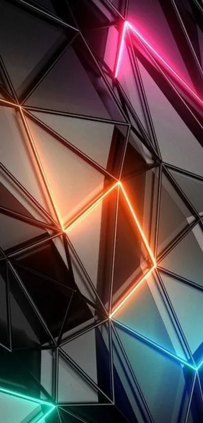 Geometric neon wallpaper with vibrant glowing shapes and abstract design.
