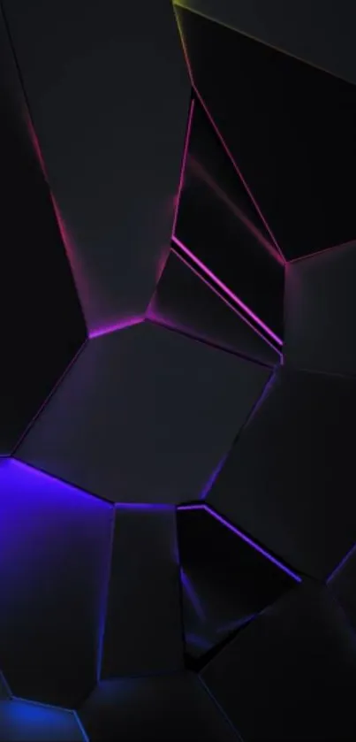 Dark geometric wallpaper with neon highlights in purple and blue.