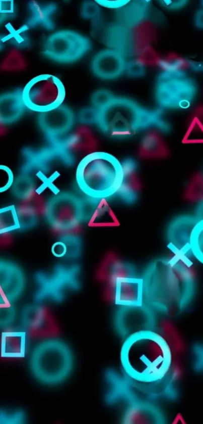 Mobile wallpaper with neon geometric shapes in blue and pink on a dark background.