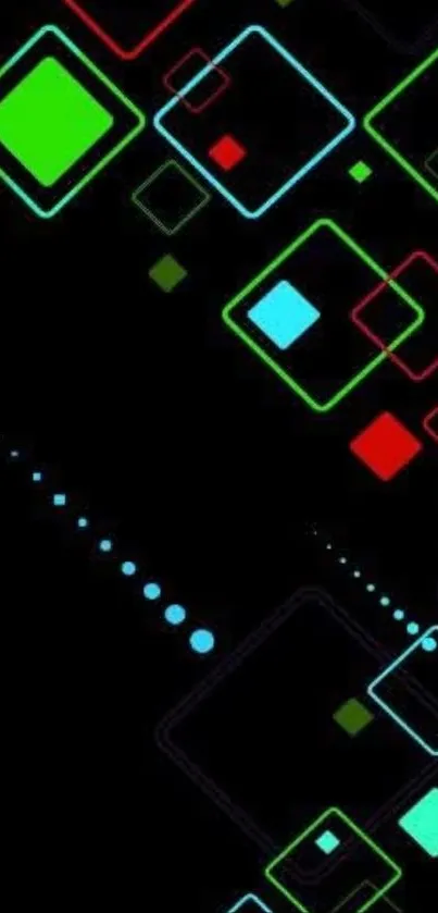 Colorful neon geometric squares on a dark background.