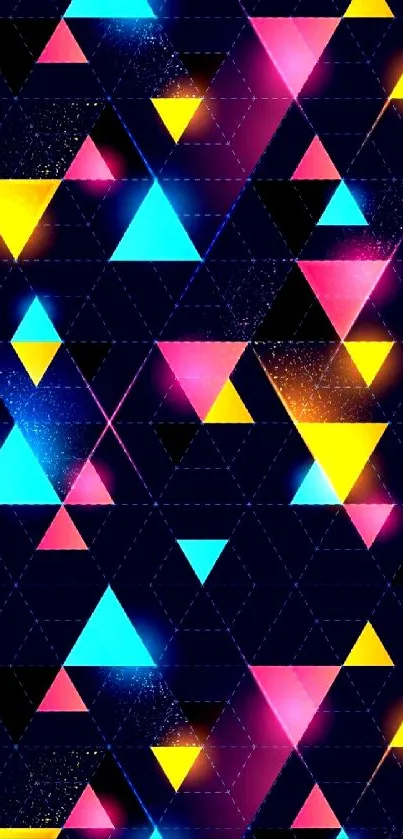 Vibrant neon triangles on a geometric navy blue background.