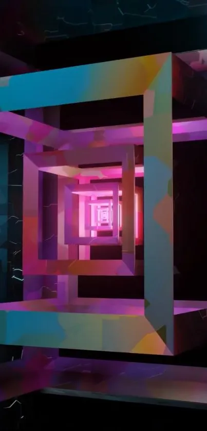 Geometric neon tunnel with vibrant colors.