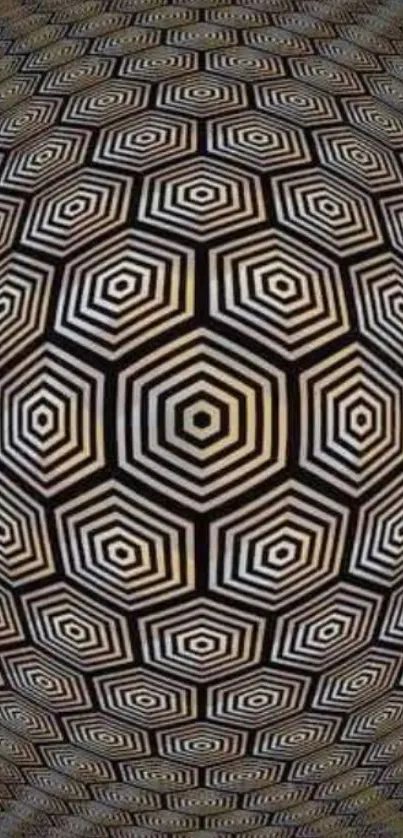 Geometric optical illusion wallpaper in brown hues.