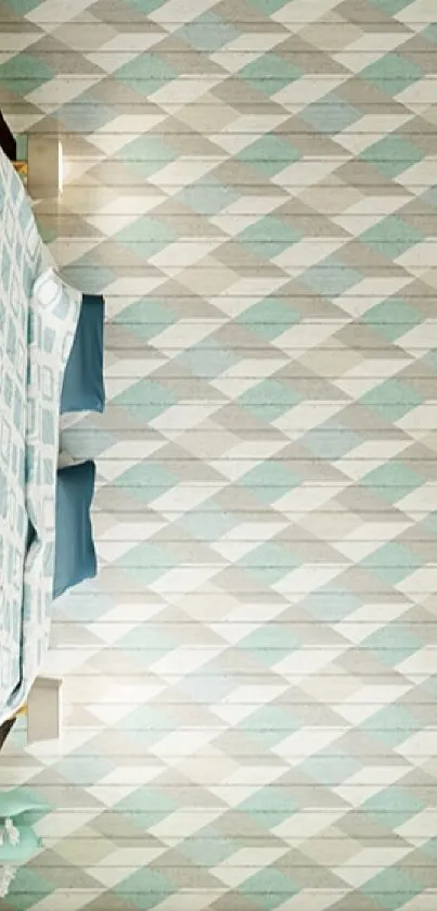 Pastel geometric wallpaper in a modern bedroom with teal and beige tones.