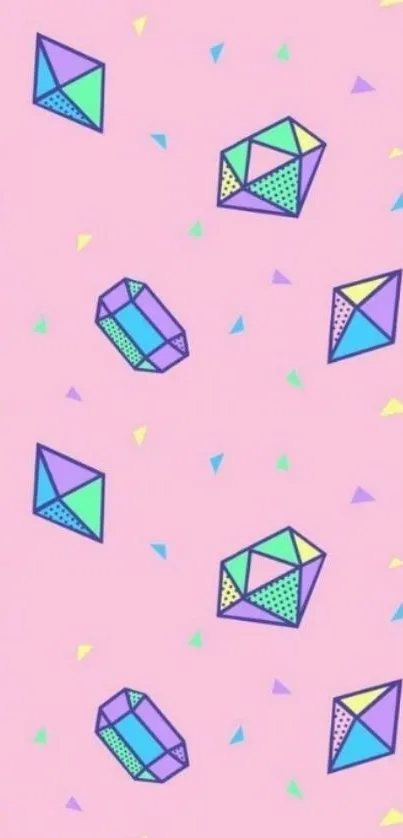 Geometric pastel wallpaper with colorful shapes.