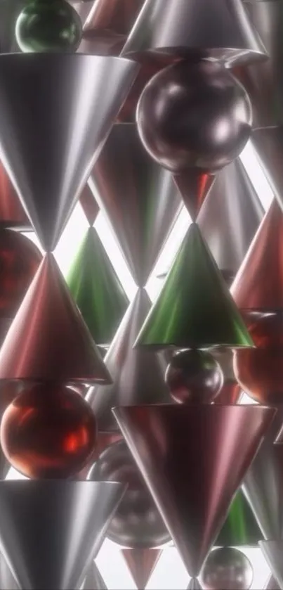 Abstract geometric shapes in silver and red tones on a mobile wallpaper.