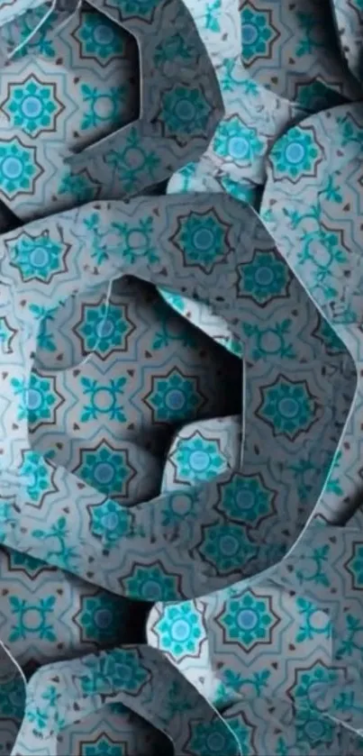 Intricate geometric blue and gray patterned wallpaper design.