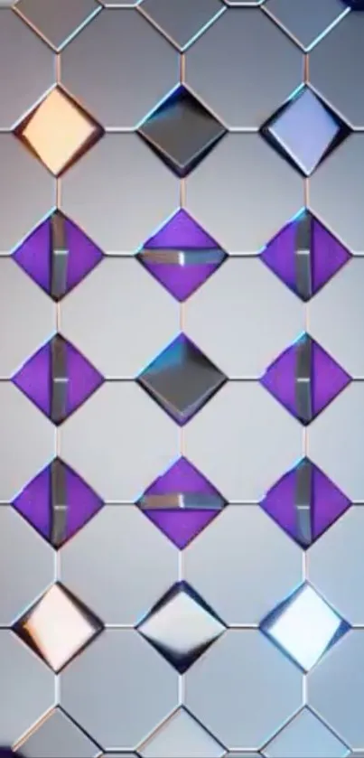 Geometric pattern wallpaper with silver and purple diamond shapes.