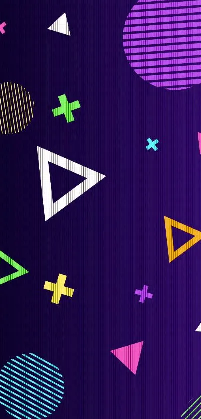 Vibrant geometric phone wallpaper with colorful shapes on a dark purple background.