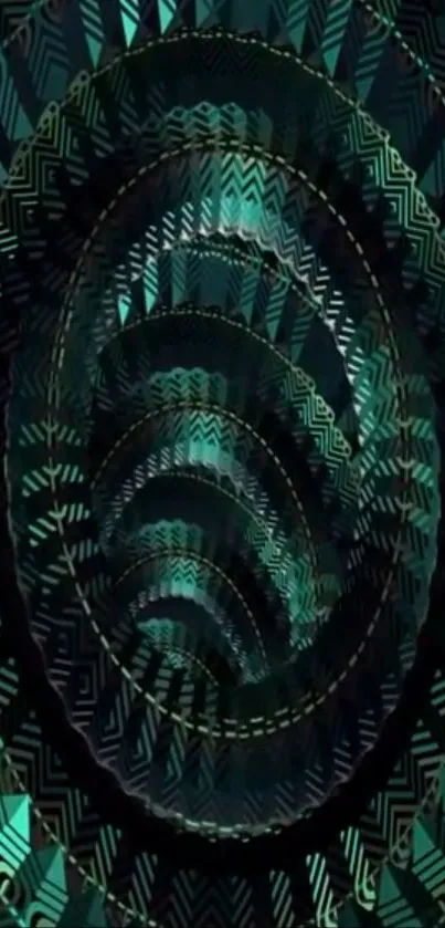 Abstract geometric spiral with teal and black patterns.