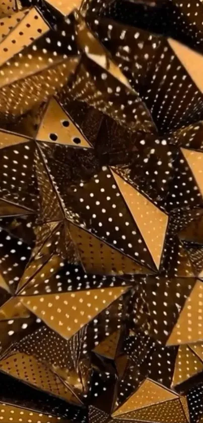 Abstract geometric wallpaper with golden polka-dotted shapes.