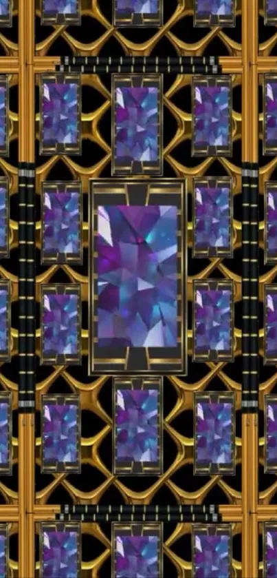 Geometric patterned wallpaper with vibrant gemstones.