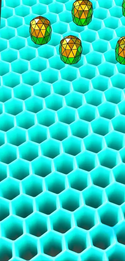 Vibrant geometric pattern with pineapples on cyan background.