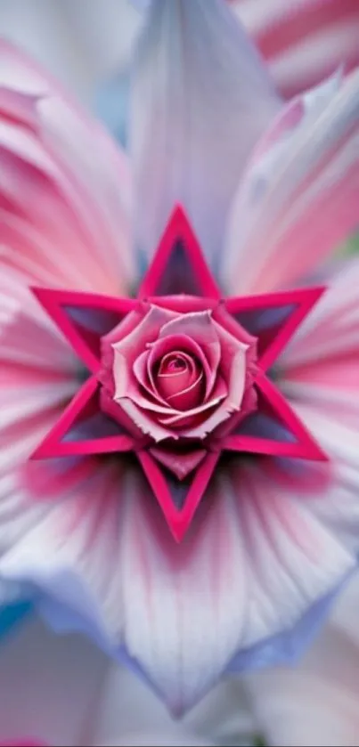 Pink geometric floral art with vibrant colors.