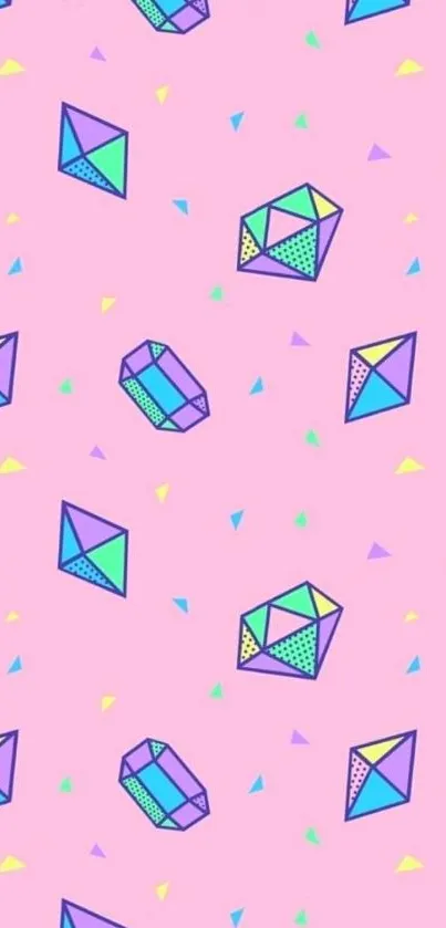 Geometric pink mobile wallpaper with colorful shapes.