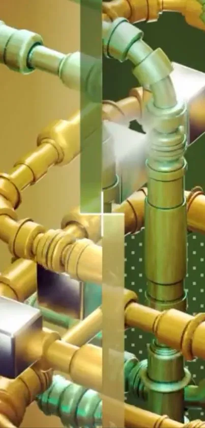 3D geometric pipes in gold and green create an abstract artistic wallpaper.
