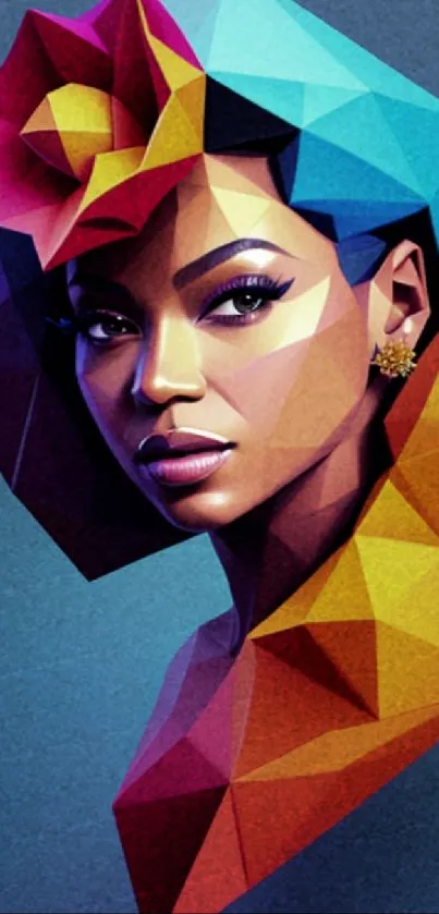 Geometric portrait art wallpaper with vibrant colors and polygonal design.