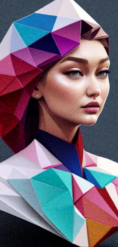 Geometric portrait wallpaper with colorful polygonal design.