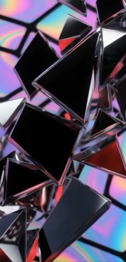 Geometric pattern with colorful reflections on a dark background.