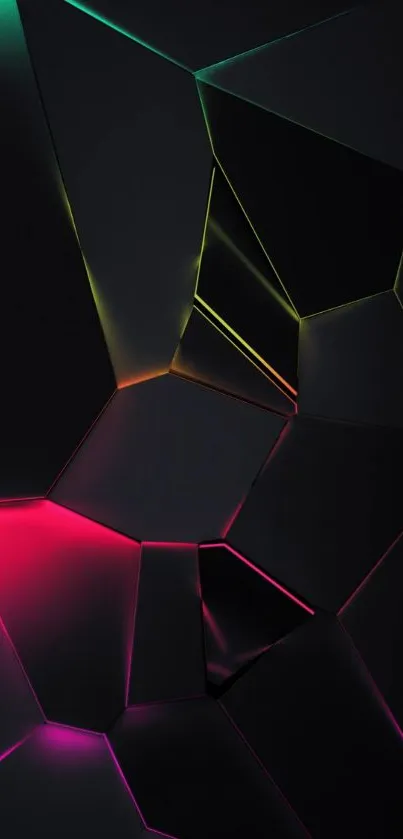 Dark geometric wallpaper with neon prism highlights.