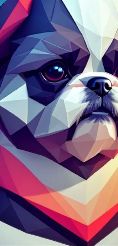 Geometric pug illustration in vibrant colors.