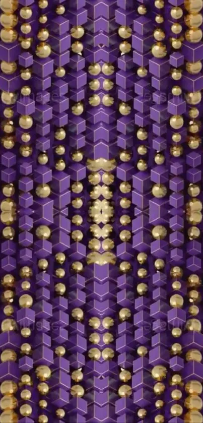 Geometric wallpaper with purple blocks and gold spheres.