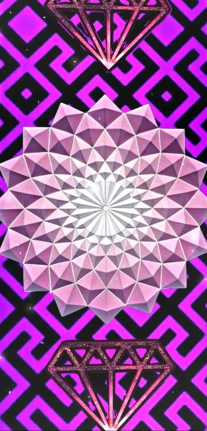 Purple geometric design with diamond accents on mobile wallpaper.