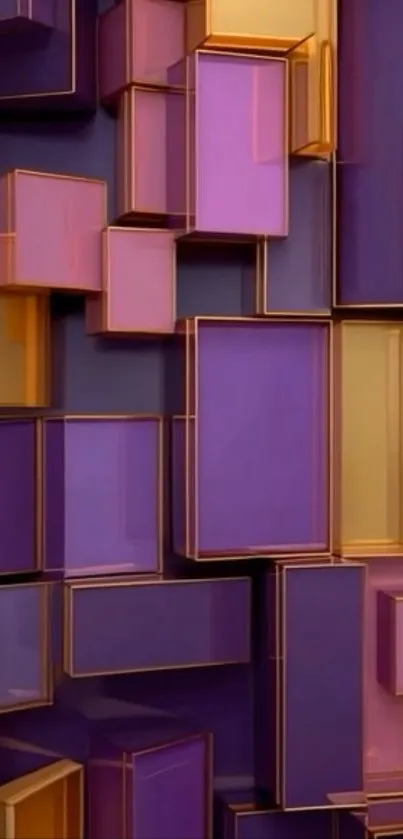 Geometric wallpaper with purple and gold boxes.