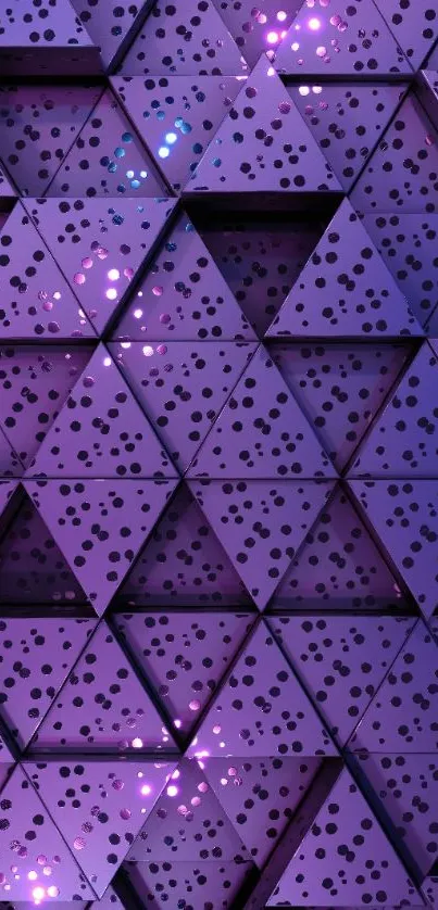 Purple geometric triangles with glowing dots design.