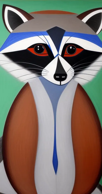 Geometric raccoon art with green background and vibrant shapes.