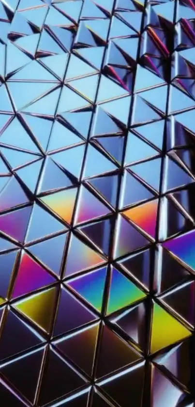 Geometric rainbow pattern with colorful reflections on a glass surface.