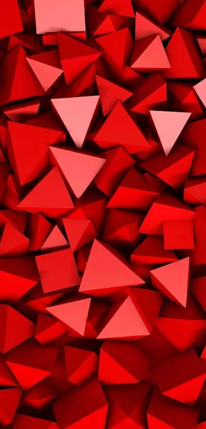 Vibrant red abstract geometric wallpaper with 3D triangles.